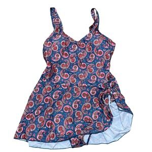 AIMAGE Pink Blue Paisley One‎ Piece Swim Dress Adjustable Straps Women's XL NWT
